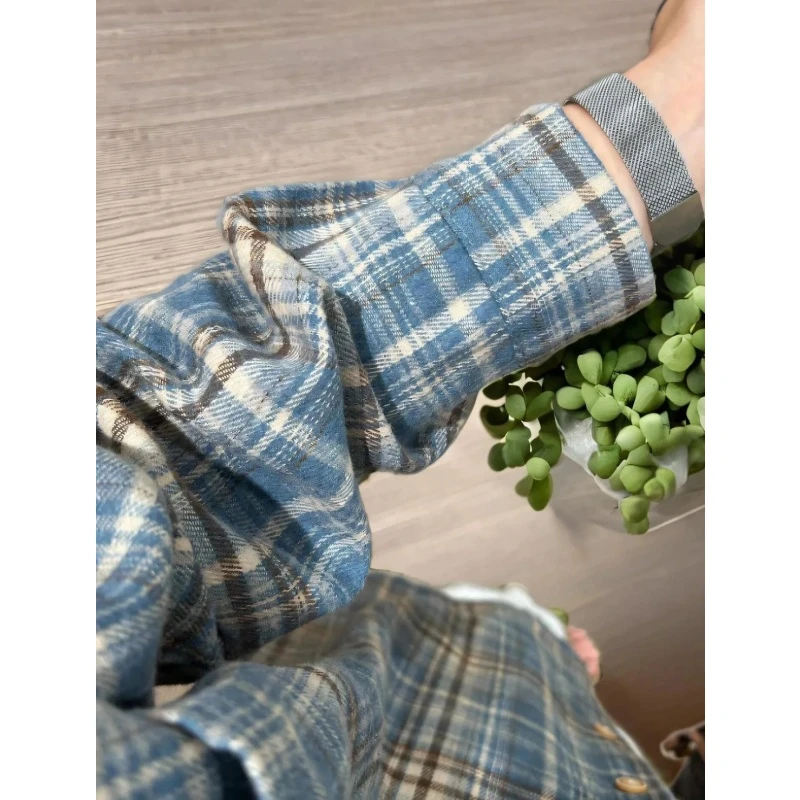 bm蓝色格子衬衫薄外套春秋新品复古文艺格纹衬衣长袖上衣小个子女