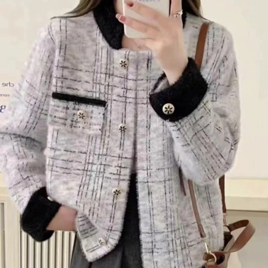 短款立领冬季厚款不褪色毛针织衫开衫加厚格子网红