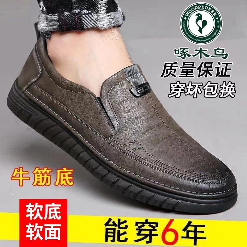 啄木鸟皮鞋2024男新款商务软底软面休闲男鞋秋冬加绒软底驾车鞋子
