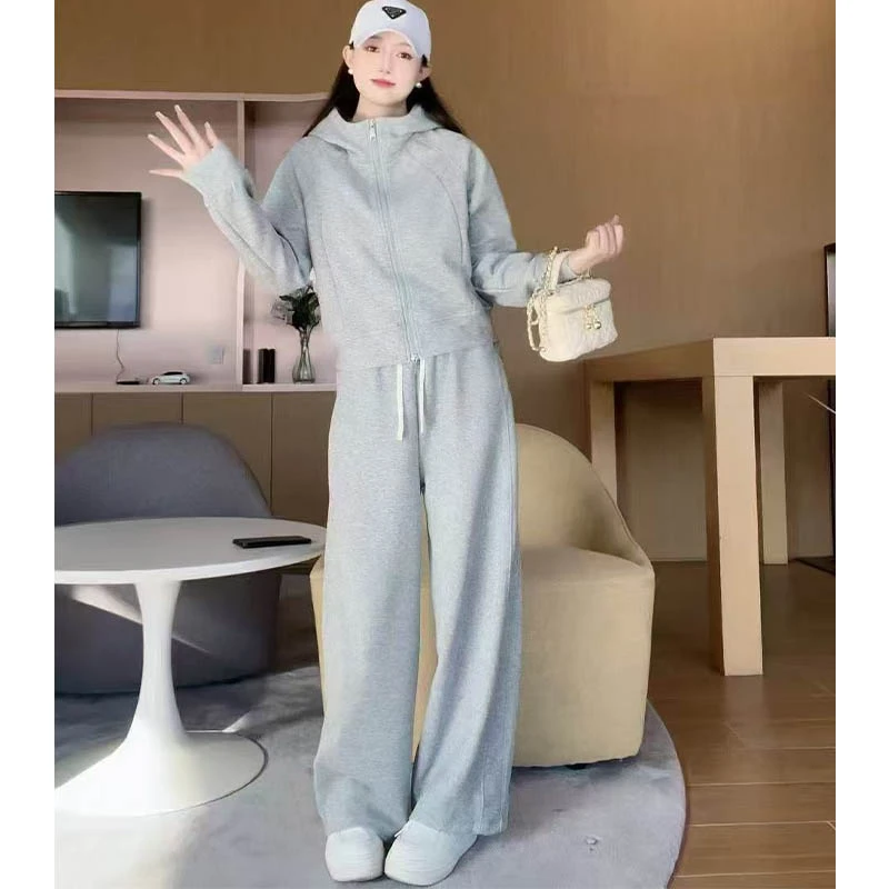 （女装）5012 韩系时尚开衫连帽卫衣阔腿裤休闲运动两件套装