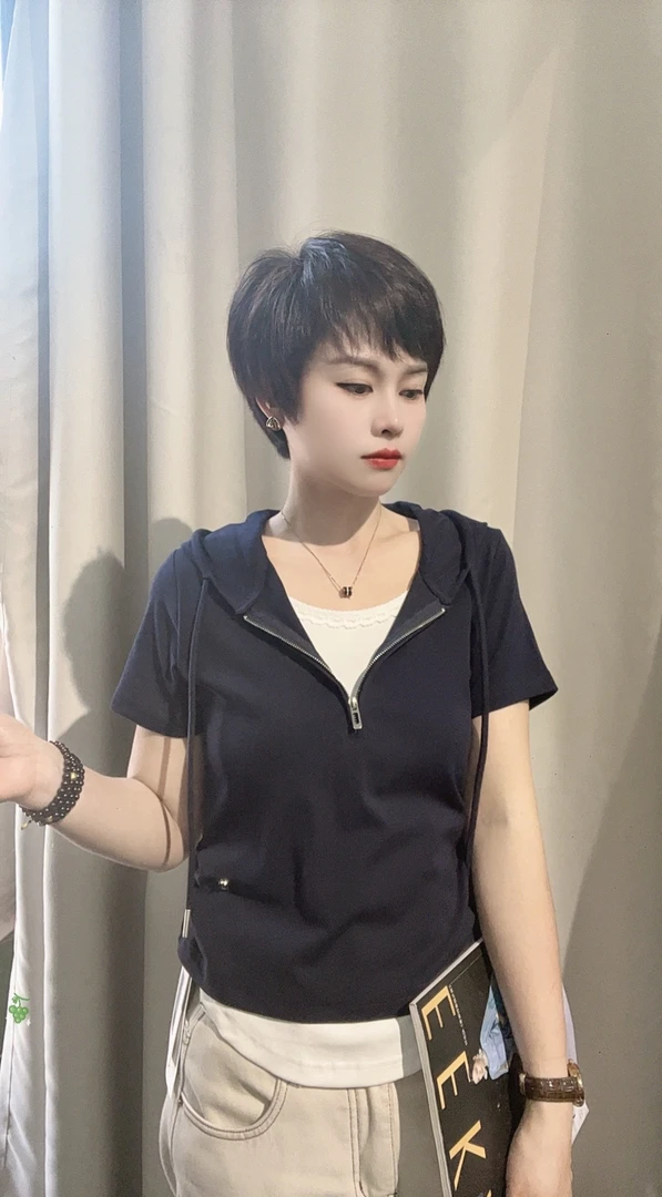 夏季T恤连帽韩版拉链显瘦短袖