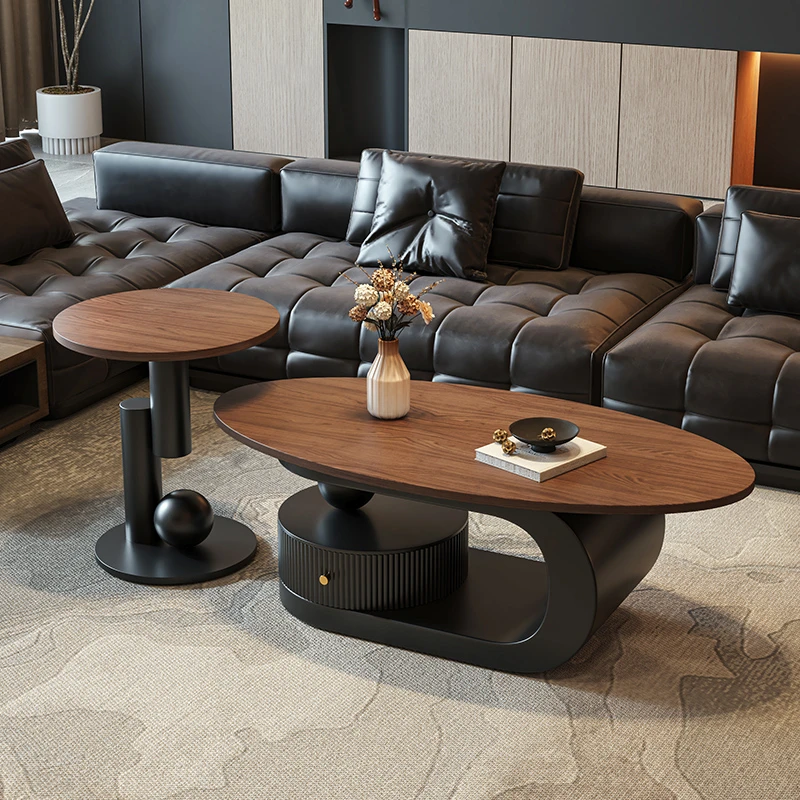 意式轻奢实木多层板茶几现代简约客厅家用创意高级感椭圆形茶桌