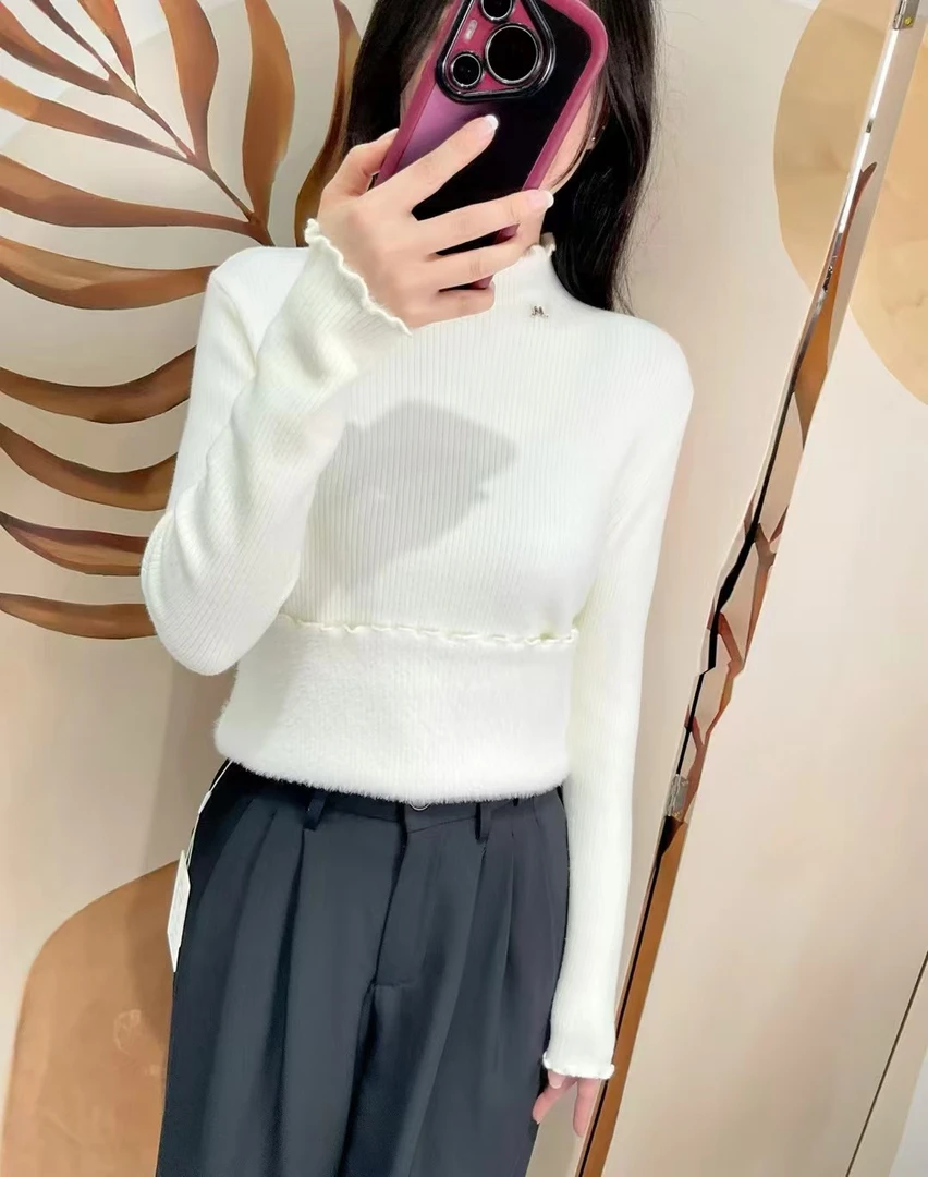 【静姐家】25199【一体绒】半高领女秋冬加绒加厚打底衫保暖针织上衣