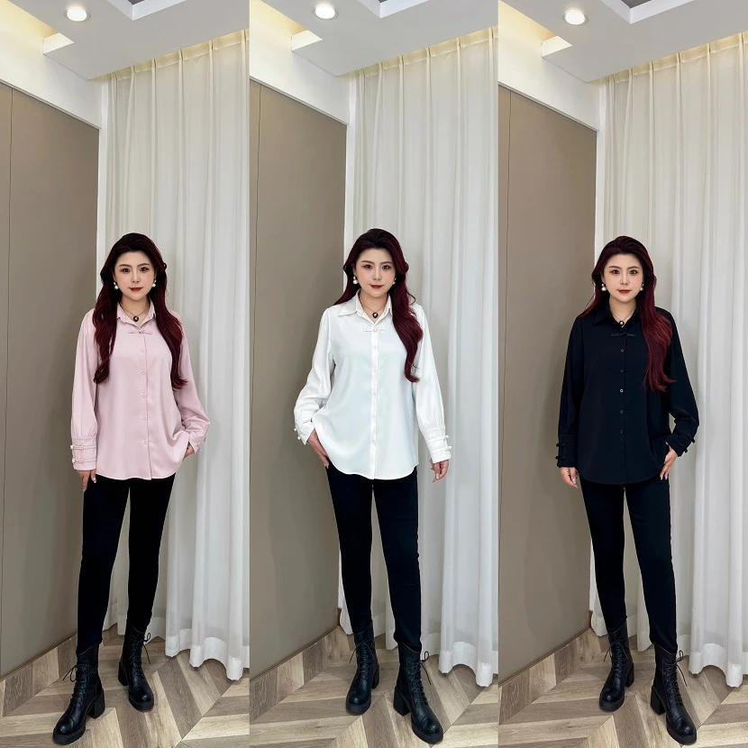 【苹果】PMM8839新款气质百搭国风盘扣显瘦上衣大码女装衬衫