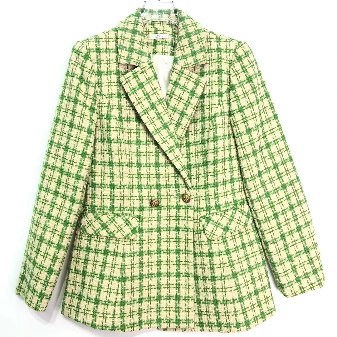 E92201【新款】小香风复古绿色长袖粗花呢外套