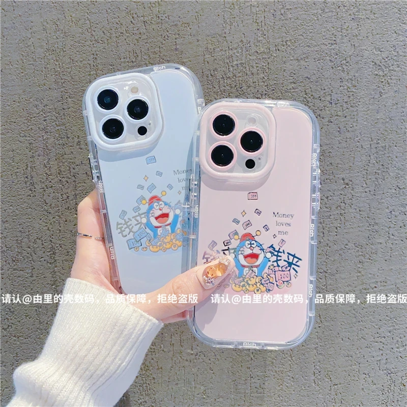 钱来哆啦镜面泡芙适用苹果16手机壳新款华为OPPO高级小米VIVO防摔