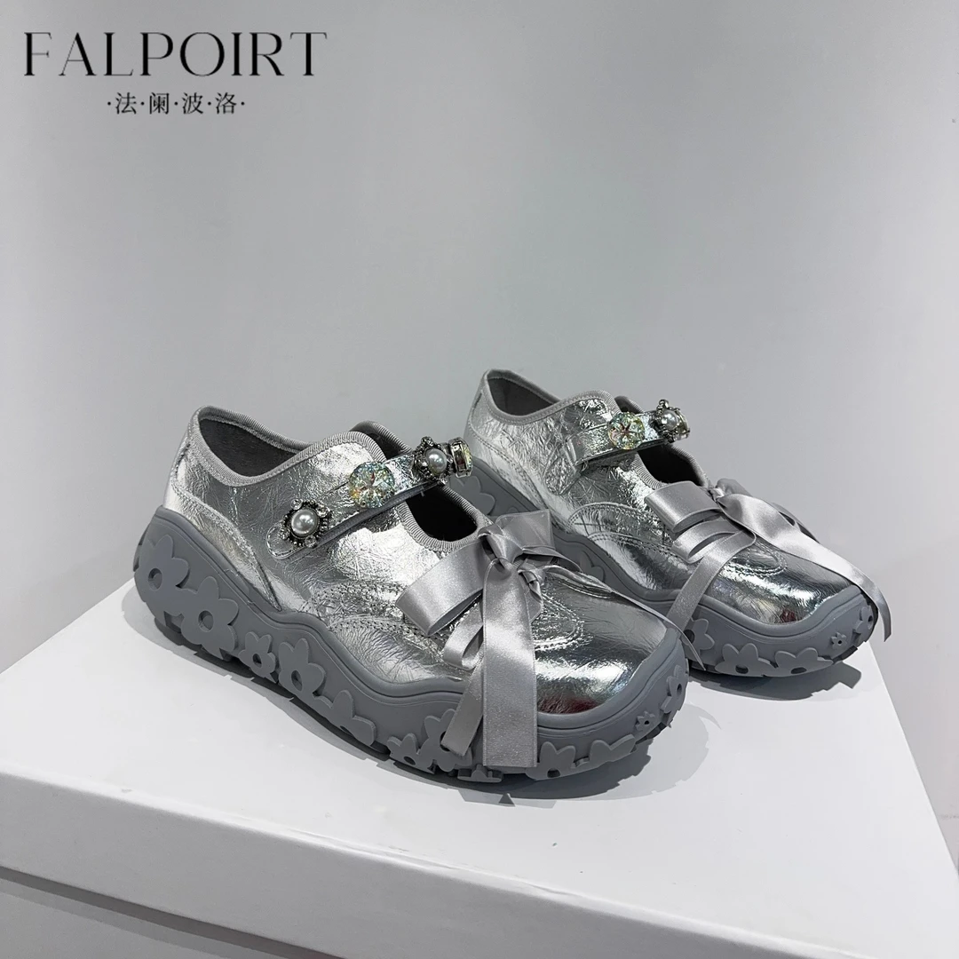 FALPOIRT高端轻奢玛丽珍鞋女真皮水钻德训鞋银色厚底时尚休闲单鞋