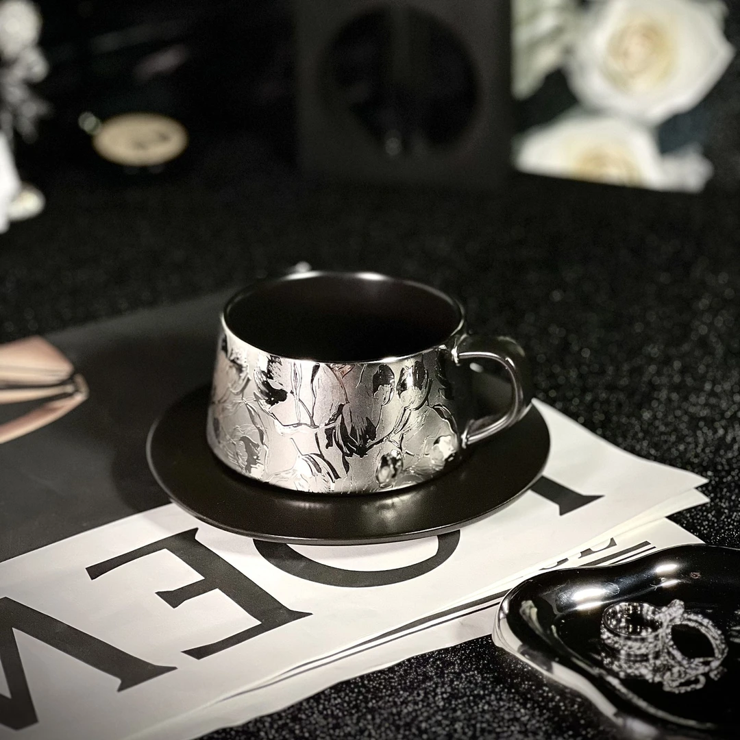 暗银咖啡杯高颜值轻奢独家设计陶瓷咖啡杯水杯家用轻奢咖啡杯