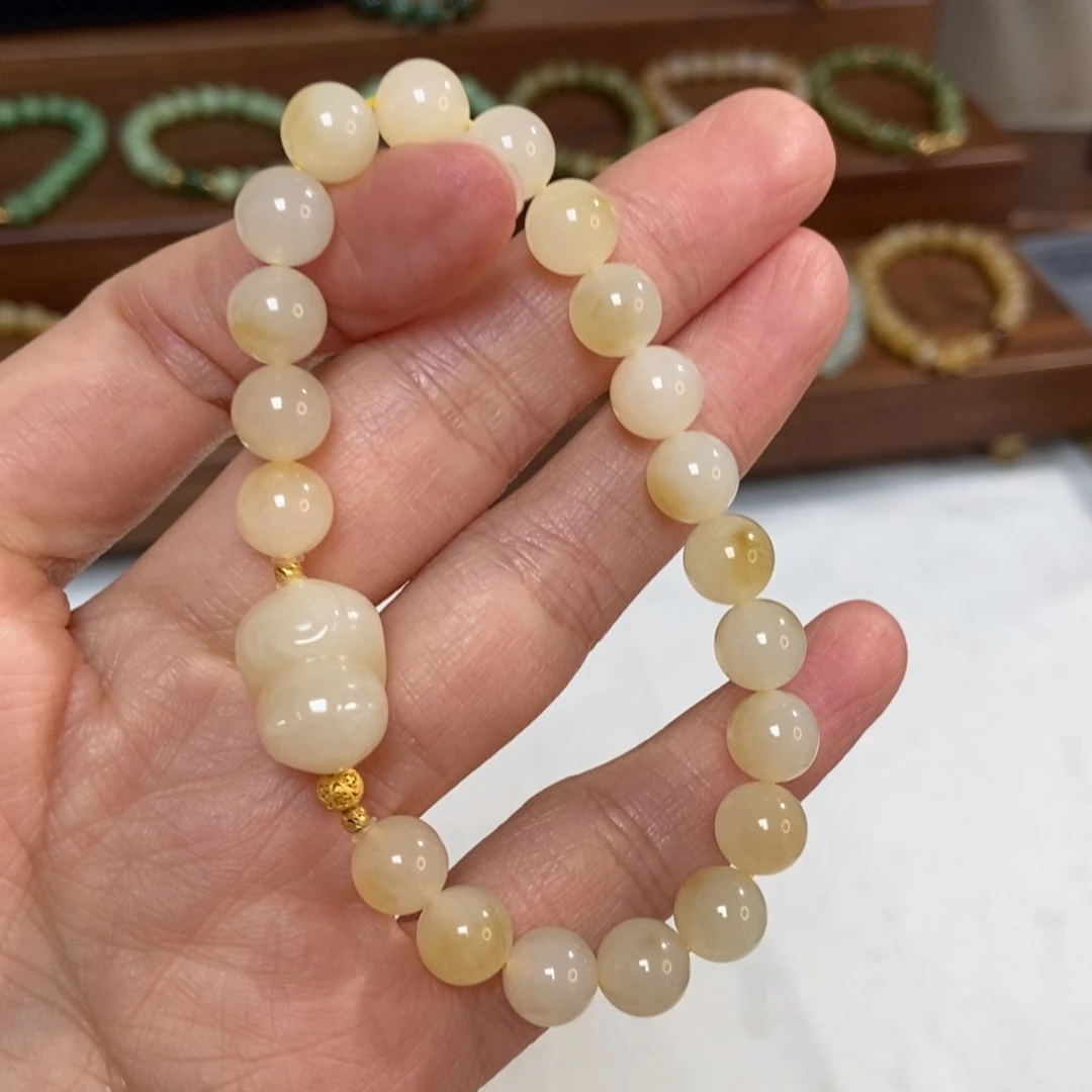 和田玉18K金镶嵌手链8mm糖白精品