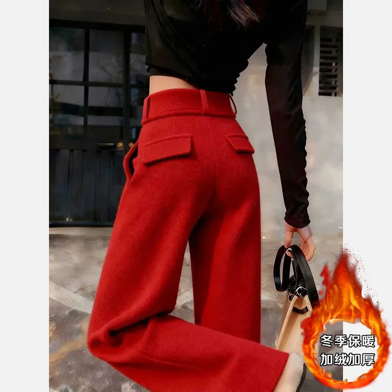 2026年冬新款韩版红色高腰阔腿裤女加绒加厚显瘦百搭垂坠感长裤子