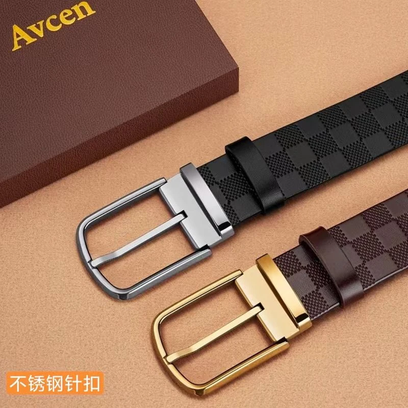 不锈钢针扣3.8头层牛皮棋盘格男士商务时尚潮流风百搭真牛皮腰带