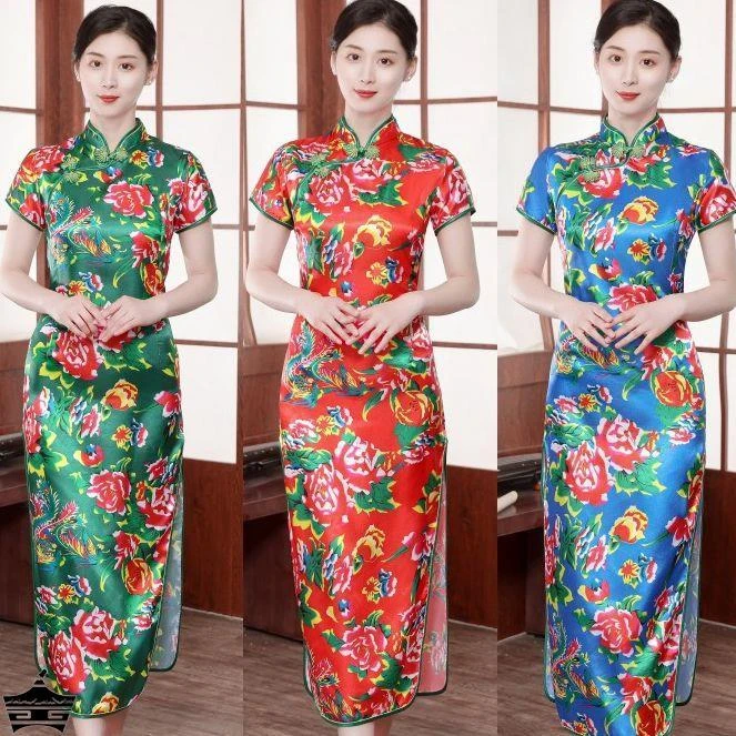 东北大花布旗袍民族秧歌碎花表演服女村姑翠花演出服开叉新潮嘻哈