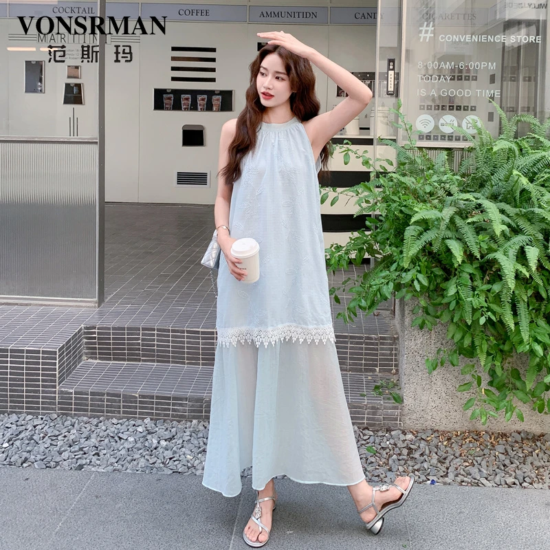 蓝色法式流苏连衣裙女2025夏季新款蕾丝宽松显瘦浪漫挂脖仙女裙女