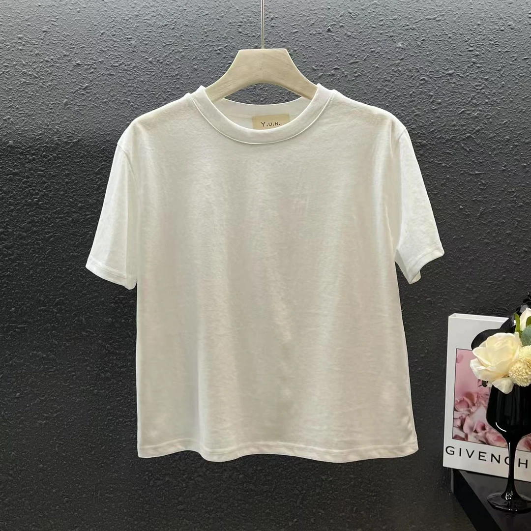 25新款纯色休闲设计感圆领短袖女装显瘦百搭夏季