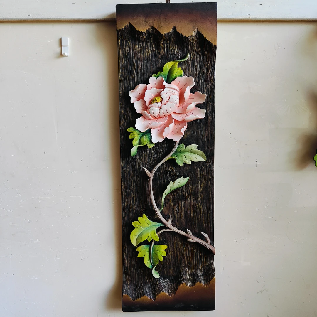 纯手工雕刻彩绘木雕,唯美新中式创意家居壁饰,规格;28/86/4cm