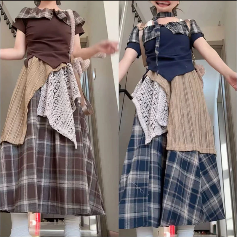 波西米亚一字肩复古格子短袖套装女学生夏新款不规则半身裙两件套