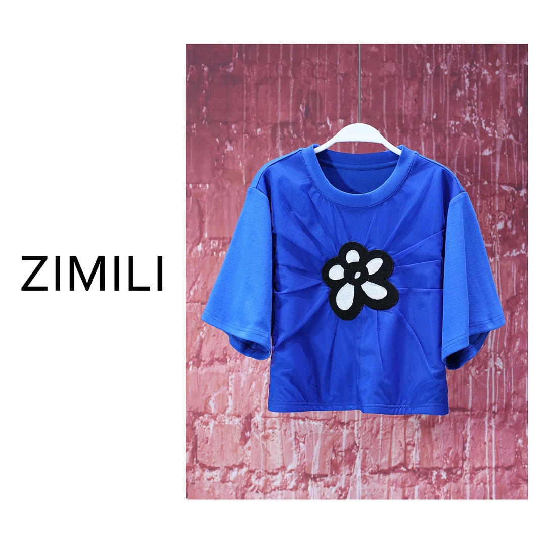 【亮哥女装】2025夏《蓝天白云》莱赛尔天丝蓝色重工刺绣短T恤6962