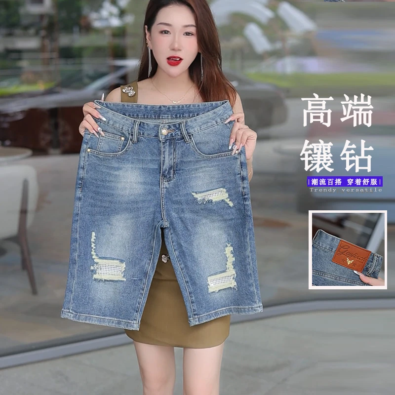 夏季新款烫钻假破洞水洗男士修身欧版牛仔短裤轻奢原创潮流百搭裤
