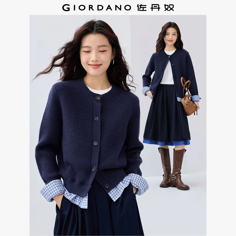 佐丹奴针织衫女装假两件拼接格子圆领针织开衫18354522