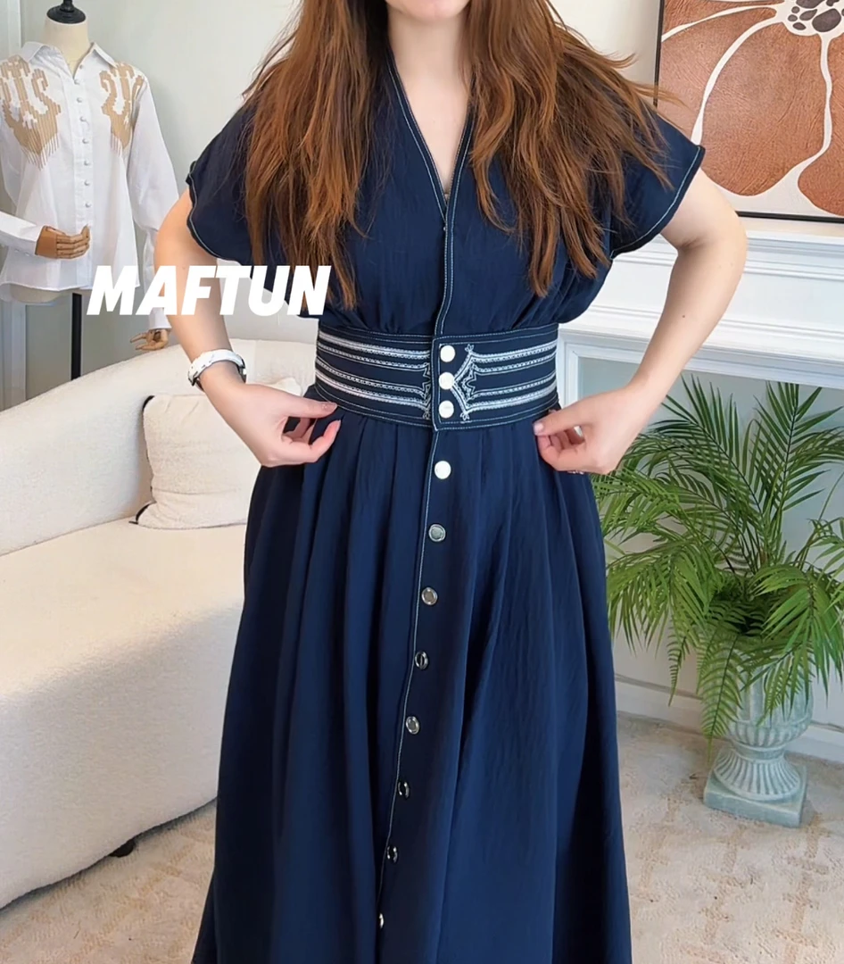 Maftun 高端亚麻民族风刺绣蝙蝠袖收腰大摆气质显瘦夏季连衣裙