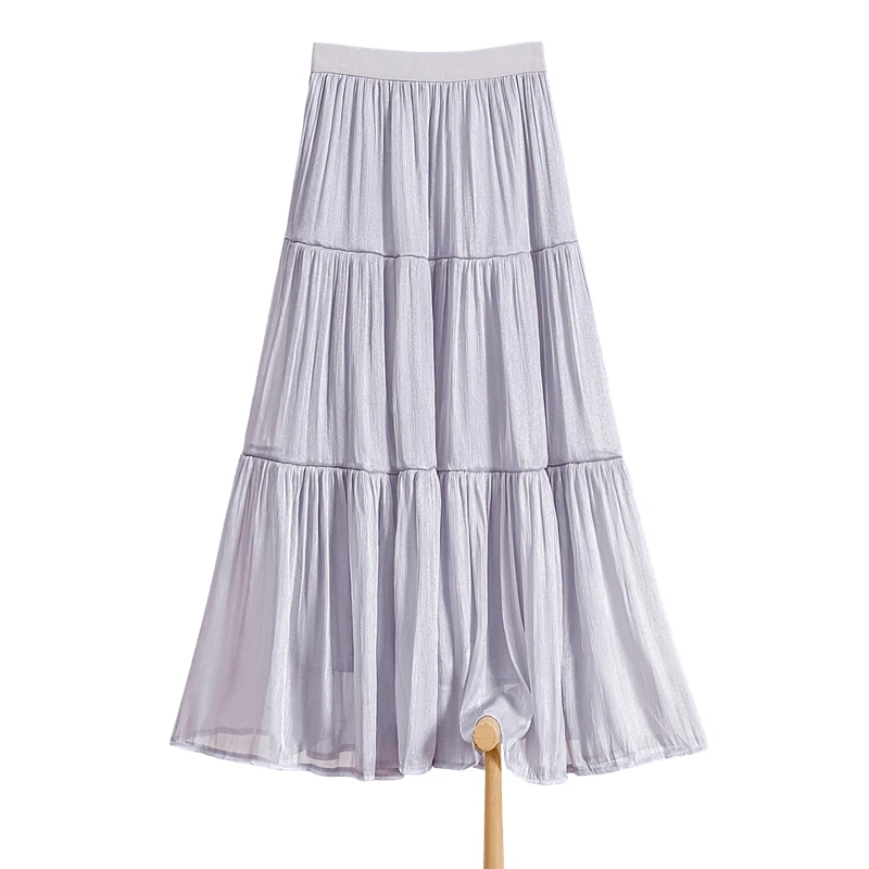 她池2025秋季新款女装小清新纯色拼接中长款A字半身裙T51X0887B