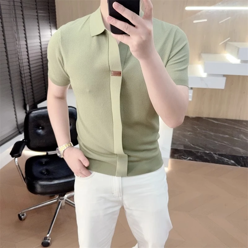 2025欧货轻奢男士针织冰丝短袖T恤男POLO衫纯色百搭夏季上衣潮603