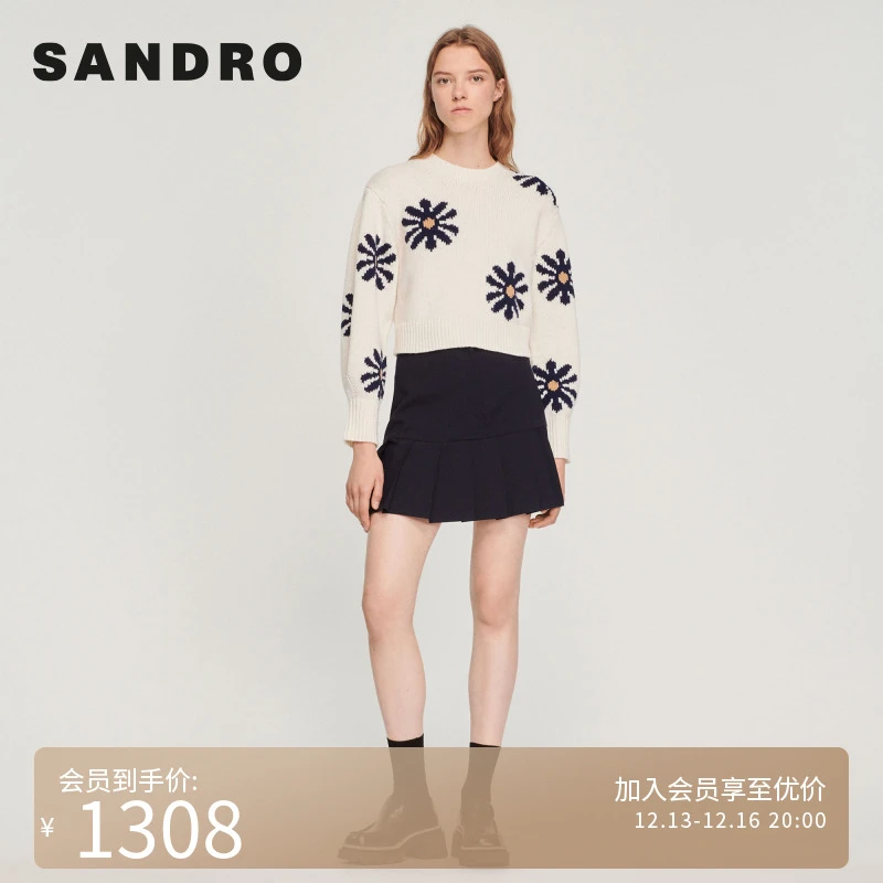 SANDRO秋冬女装高级感法式短款雏菊图案时尚针织毛衣SFPPU01641