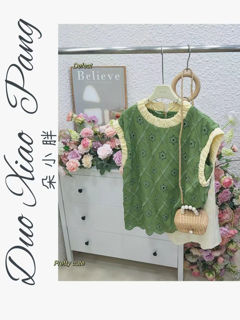 2025夏季新款2色麦穗黄昏港风复古圆领镂空衬衫宽松格纹上衣