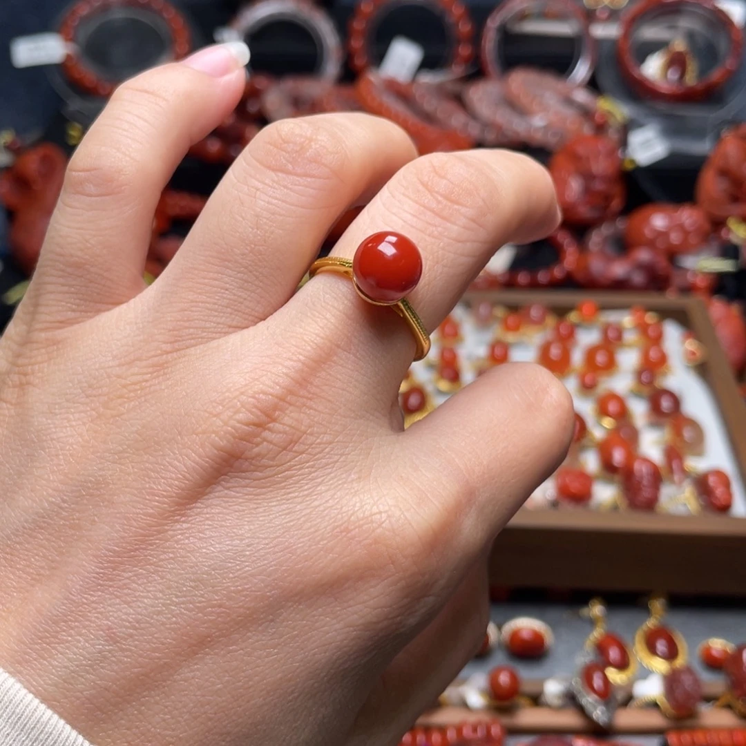 南红玛瑙银S925镶嵌圆珠戒指