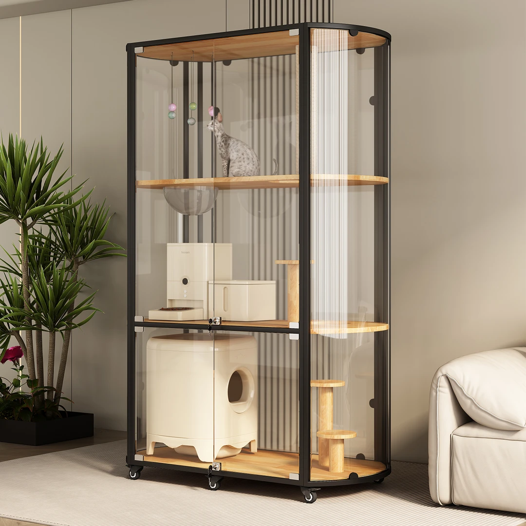 全景猫别墅家用猫笼子实木猫咪别墅大型室内豪华猫屋曲面玻璃猫房
