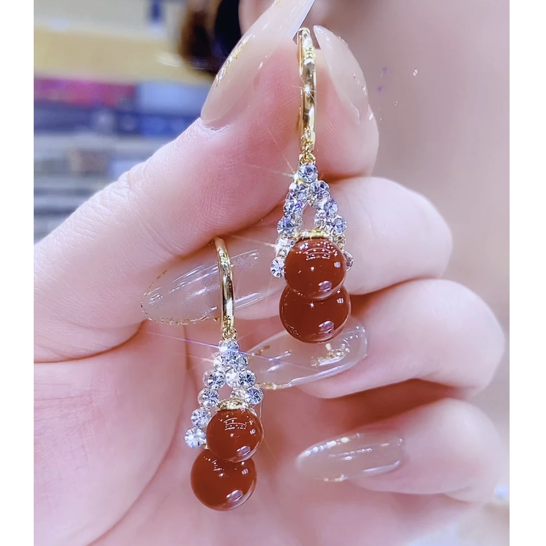铜合金合成锆石耳饰 轻奢时尚过年喜庆气质红色珠珠耳环