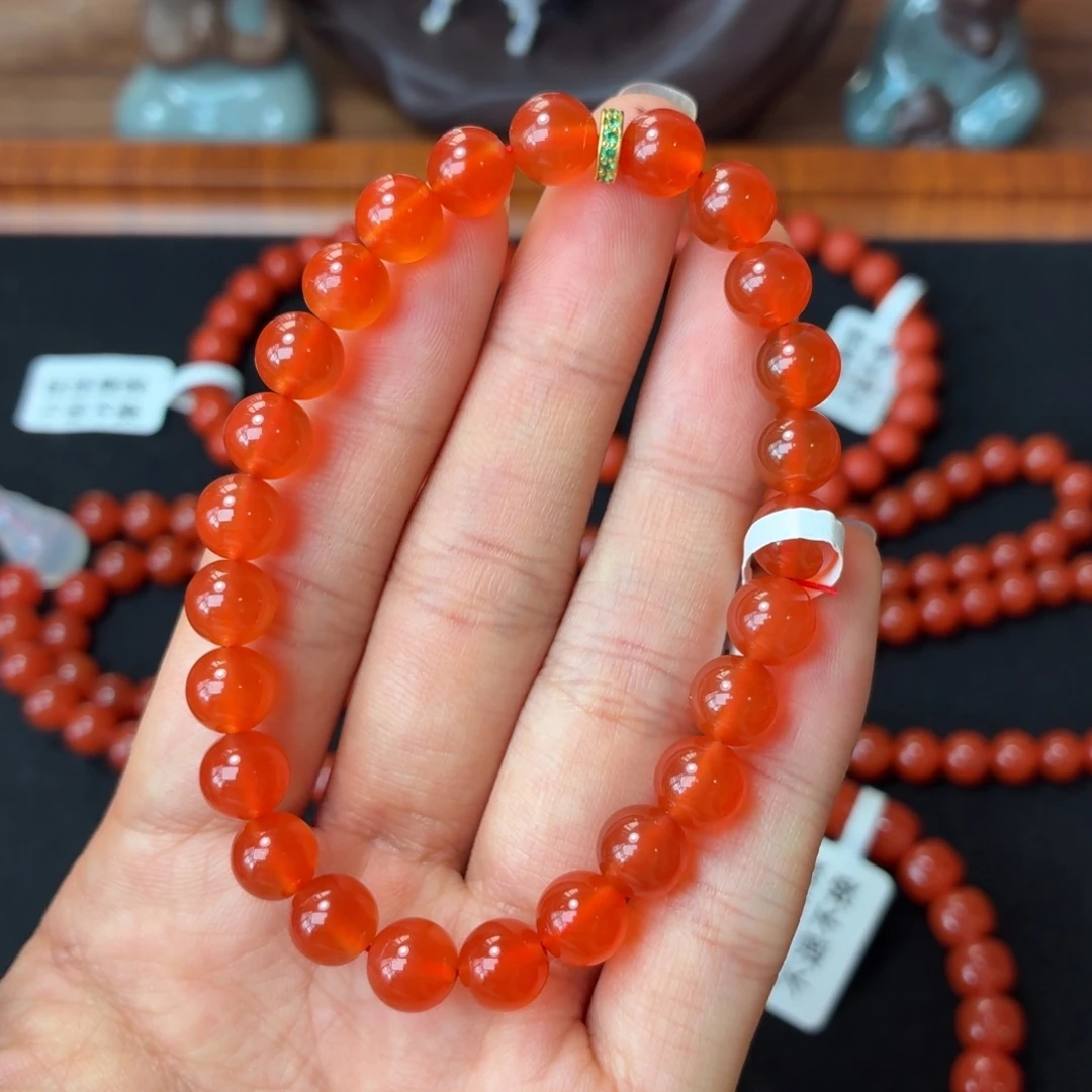 南红玛瑙18K金镶嵌手串保山原矿南红河湾冰红卡7+