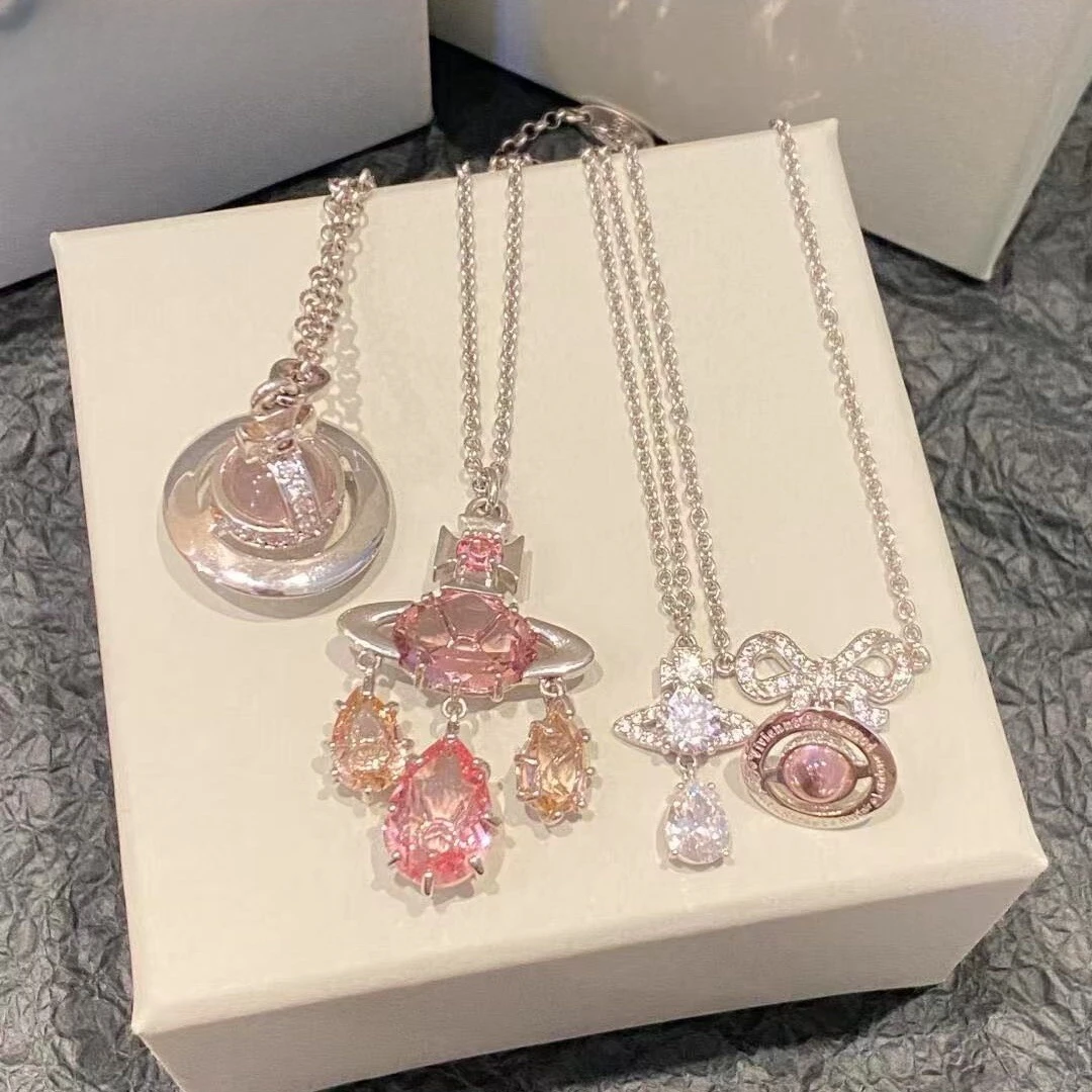 铜合金项链 【粉色系列】高版土星人鱼泪捕梦网土星项链轻奢锁骨链