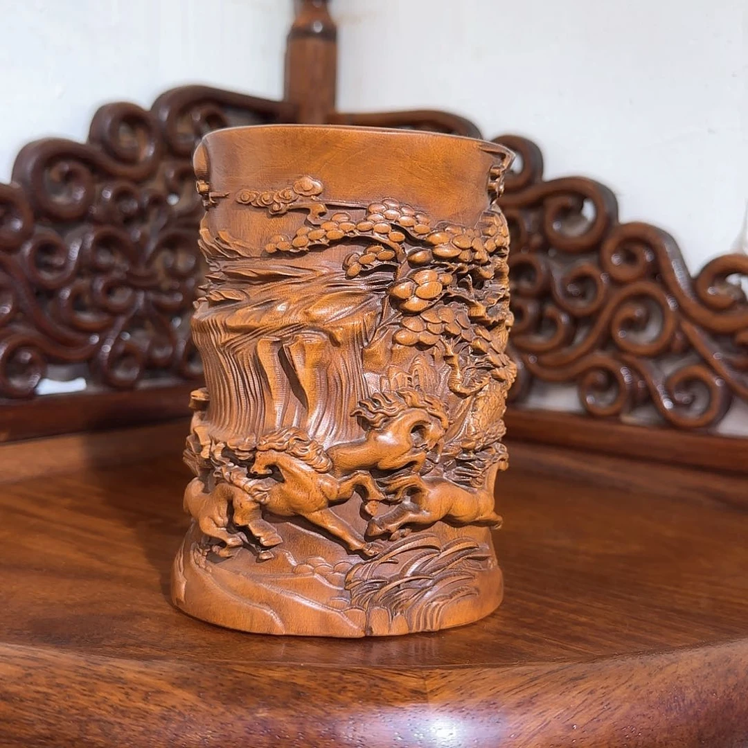 花梨木类黄杨木笔筒高12