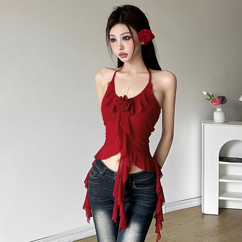 2025夏纯欲撩人立体花朵挂脖无袖背心女显瘦修身不规则荷叶边上衣