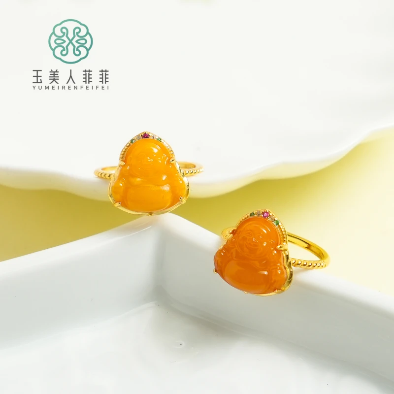 石惑珠宝^蜜蜡佛公可调节戒指约15*14mm-多样性发一