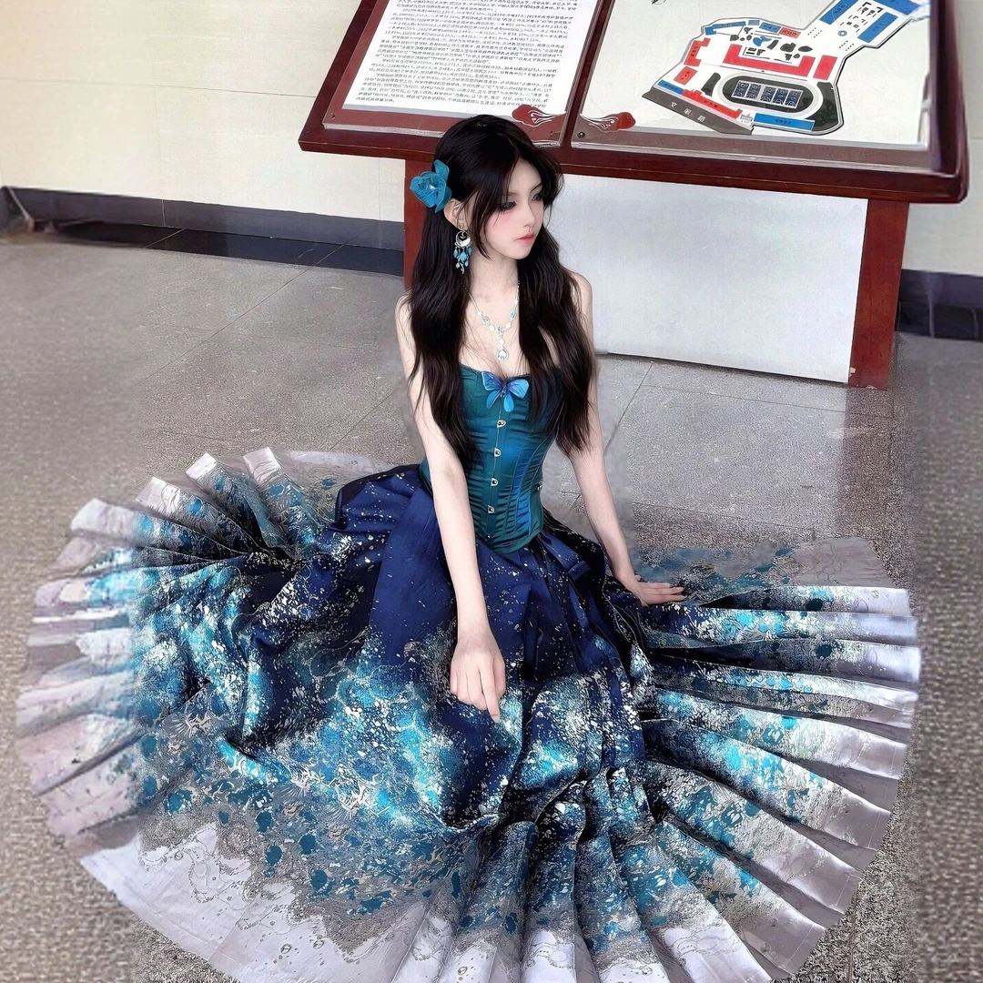 新中式国风蓝色汉服马面裙百褶半身裙女夏季绝美宽松长款高腰伞裙