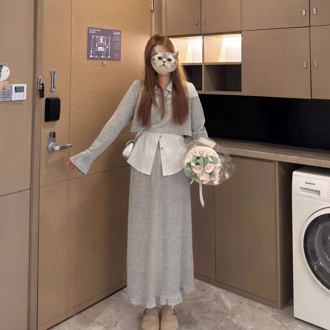 微胖穿搭韩版针织假两件套装秋季新款