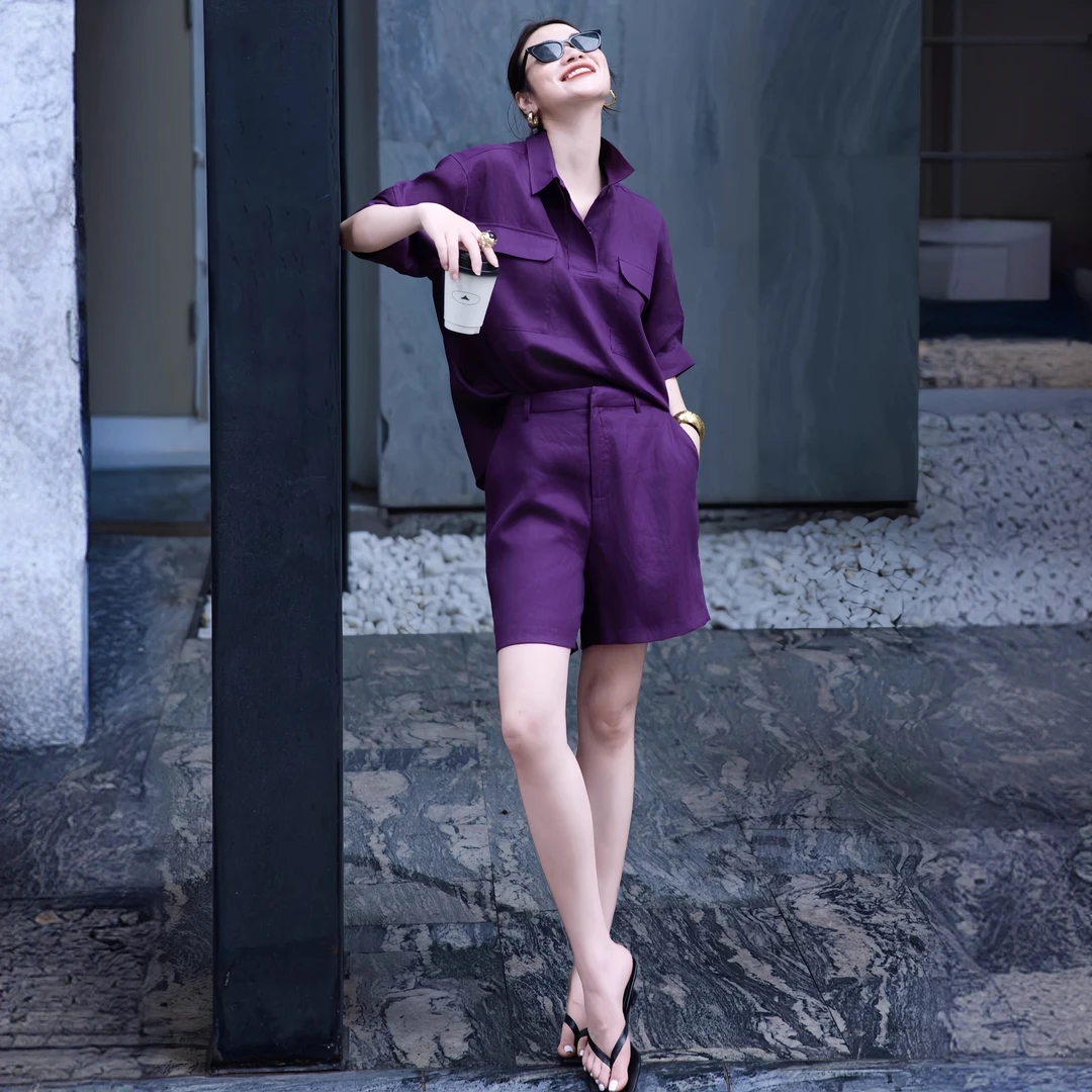 老钱风时尚套装女2025夏设计感高级亚麻宽松衬衣短裤松弛感两件套