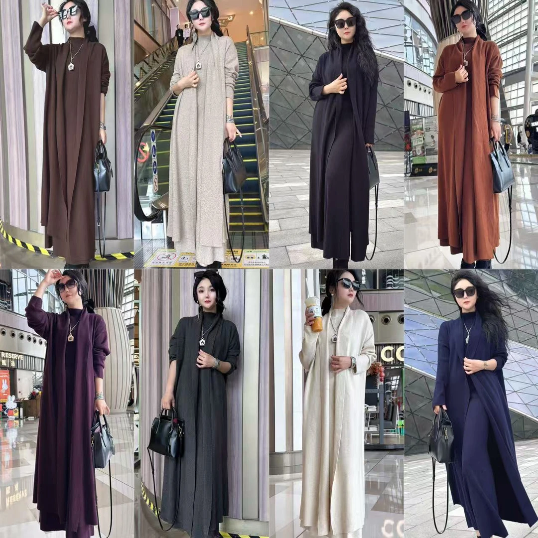 8881两件套赫本风毛织小高领无袖内搭 配宽松版型长袖外套套装