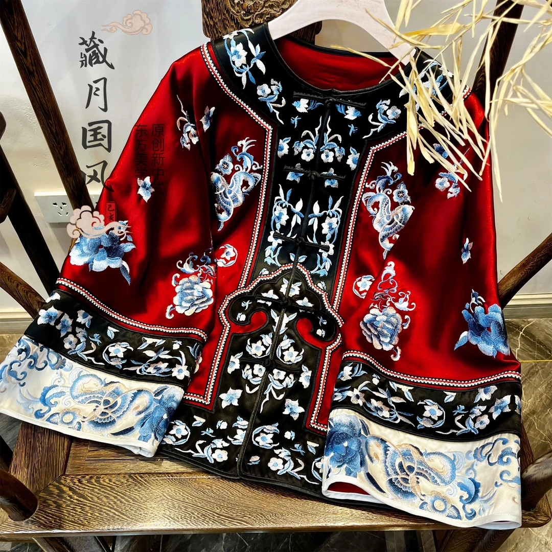 藏月新中式改良古董太太服醋酸缎对襟刺绣外套上衣女C24909470