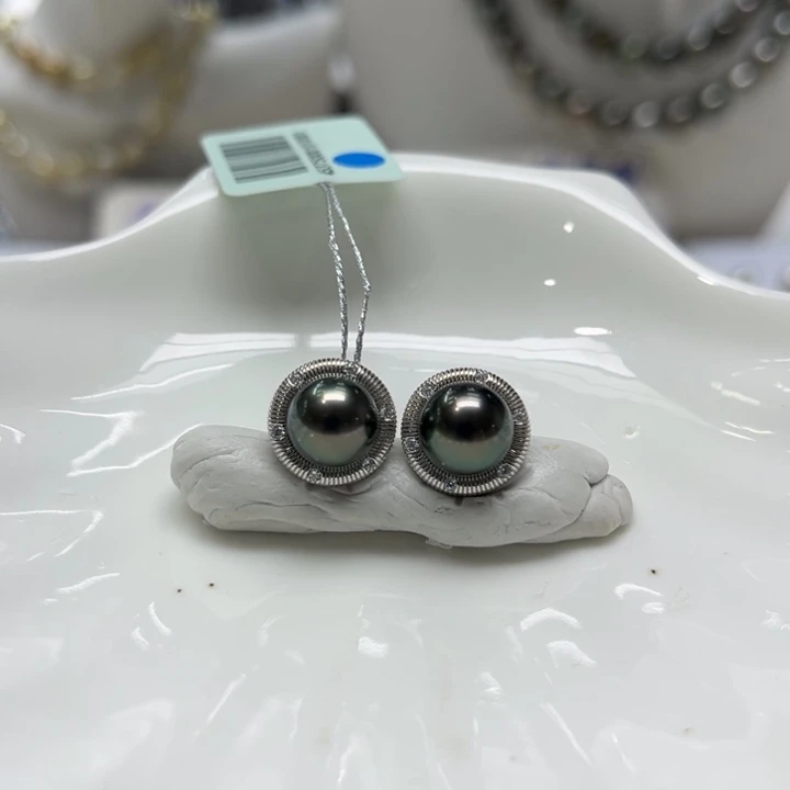 海水珍珠漏大溪地麻花耳钉8-9mm银S925镶嵌