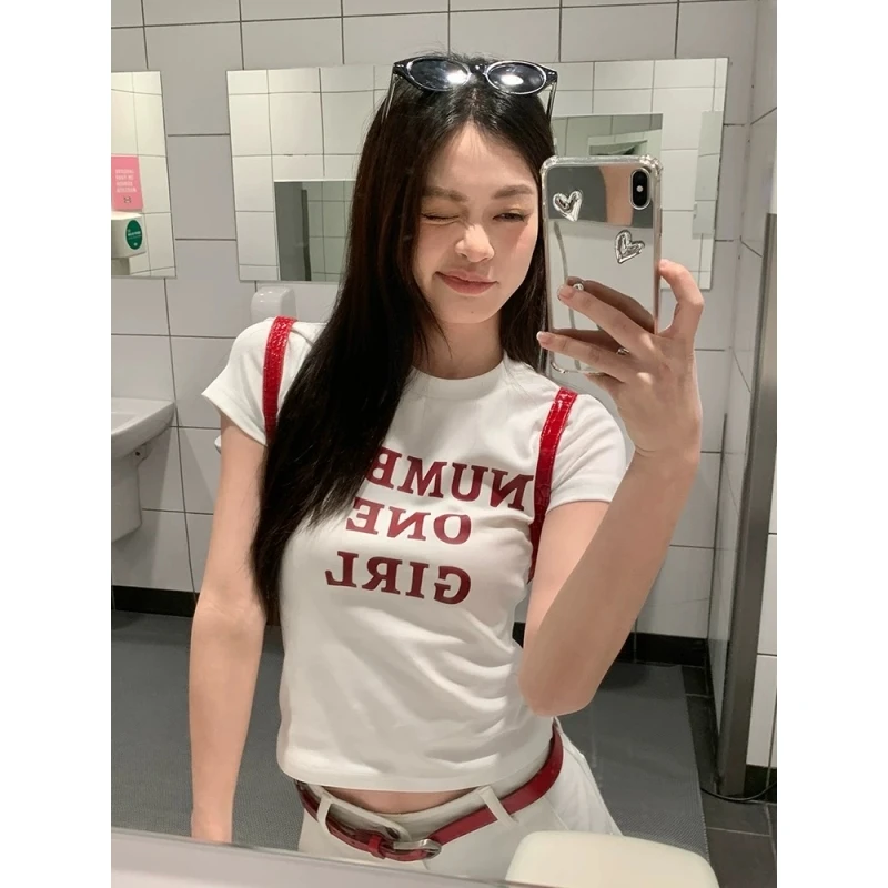 修身圆领短袖棉T恤女夏显瘦辣妹印花设计感小众