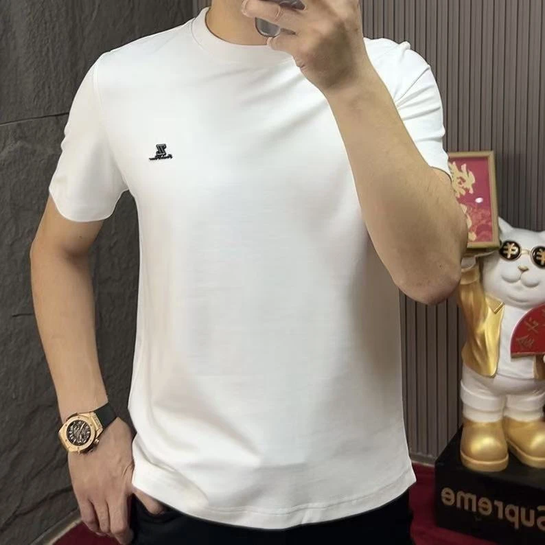 2025-8861秋冬短袖徽章男士棉T恤透气加厚纯色半袖