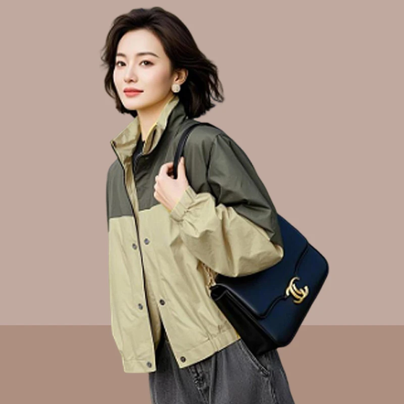 流行时尚感拼接撞色短外套女2025春秋新款百搭小个子冲锋衣上衣女