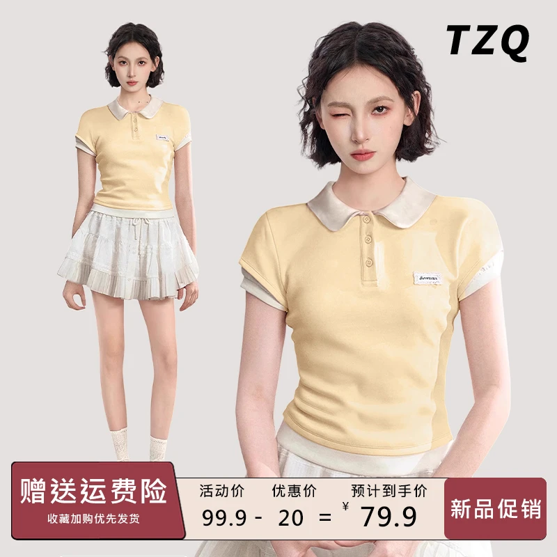 黄色假两件polo衫正肩短袖t恤女夏季修身短款收腰半袖娃娃领上衣