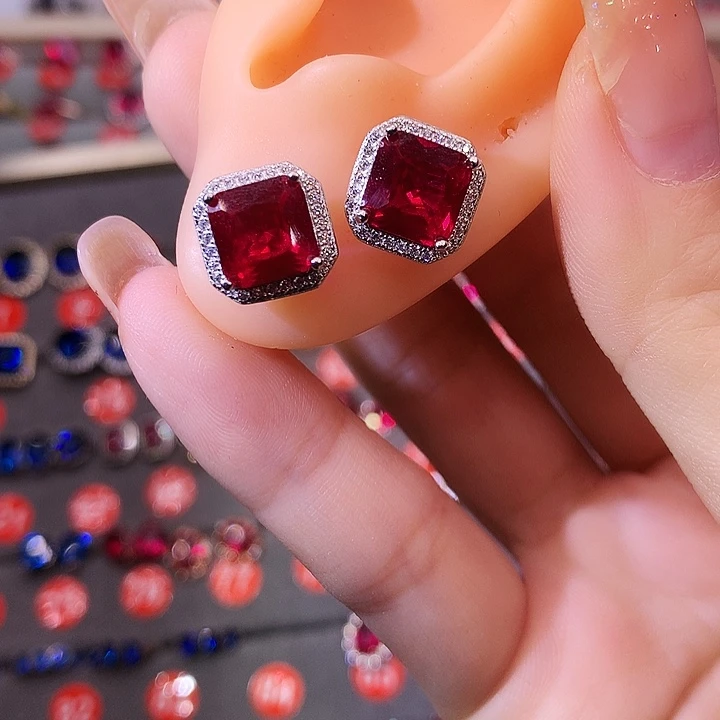 红宝石耳饰银S925镶嵌