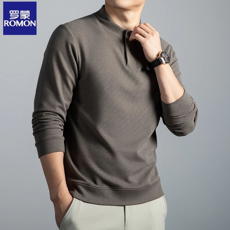 【含羊毛+桑蚕丝】罗蒙春秋新款男士长袖立领T恤纽扣卫衣纯色休闲