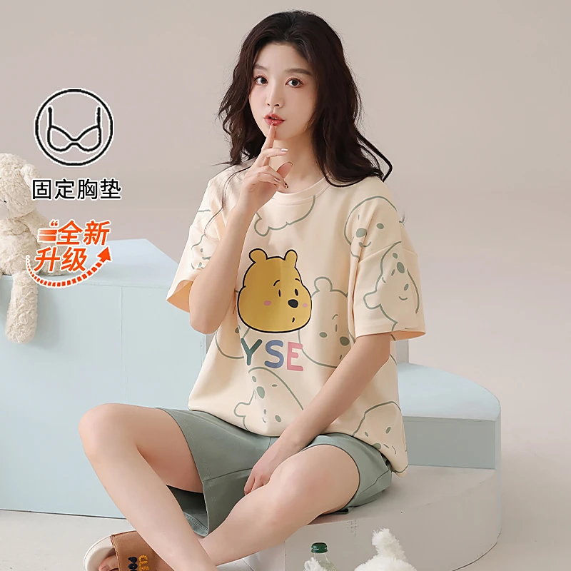 【带胸垫】莉莉家睡衣女士纯棉字母小熊短袖短裤圆领套头夏季家居服