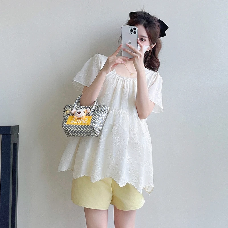 孕妇装2025年夏季新款短袖娃娃衫小清新宽松显瘦百搭方领衬衫上衣
